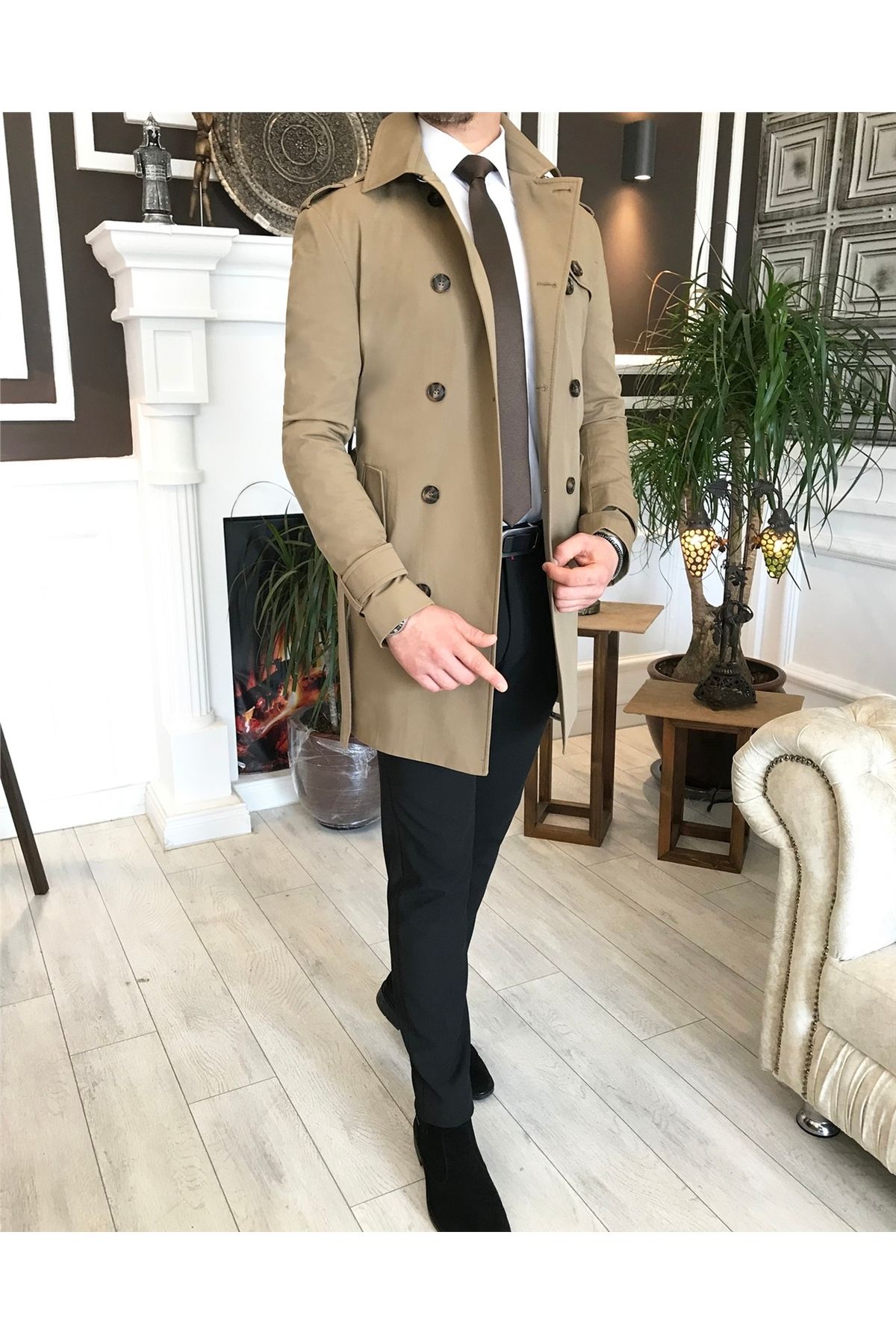 Italyan Stil Slim Fit Mevsimlik Erkek Trençkot Mont Bej T4978